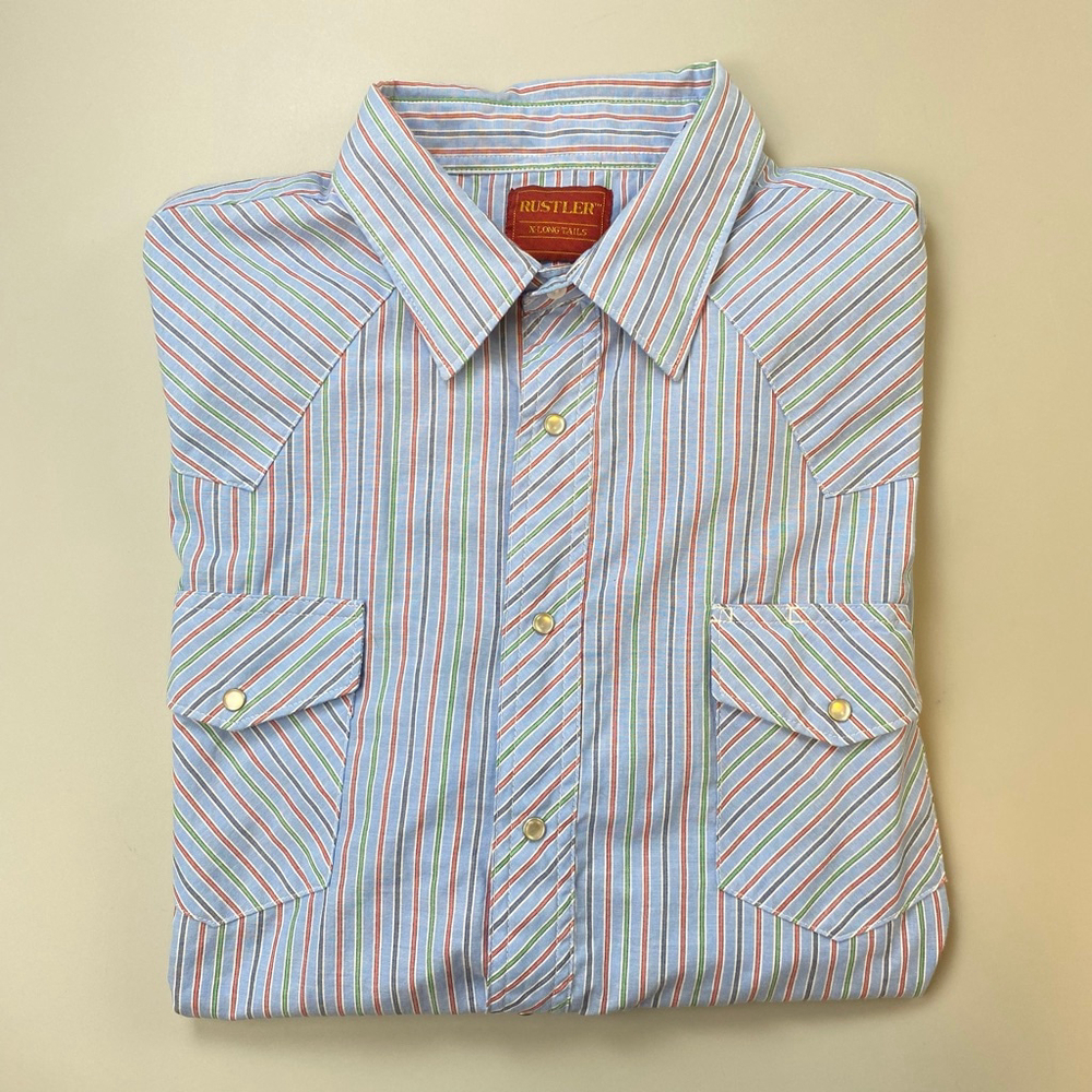 Men's Rustler Casual Button Down Shirt XXL Blue Multi Striped Pearl Snap Western